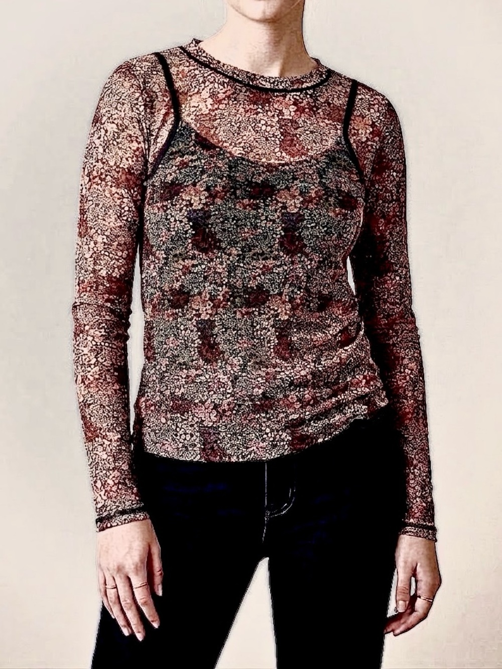 90s Y2K Sheer Mesh Ditsy Floral Stretch Layering Shirt Top Stitch & Pine L